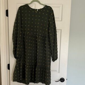 Olive Green Textured Dot Tiered Dress